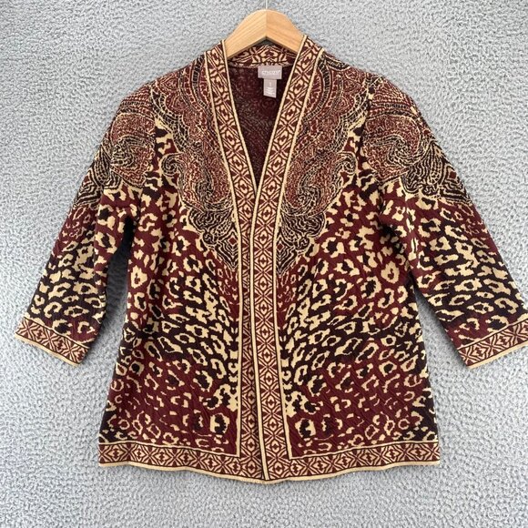 Chicos Sweater Womens 1 US Medium Brown Animal Jacquard Open Cardigan Stretch - Picture 1 of 10
